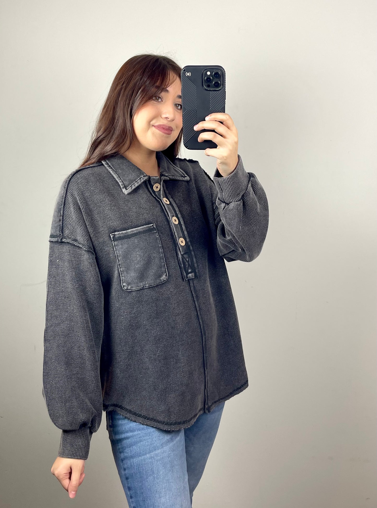 Black Button Henley Top