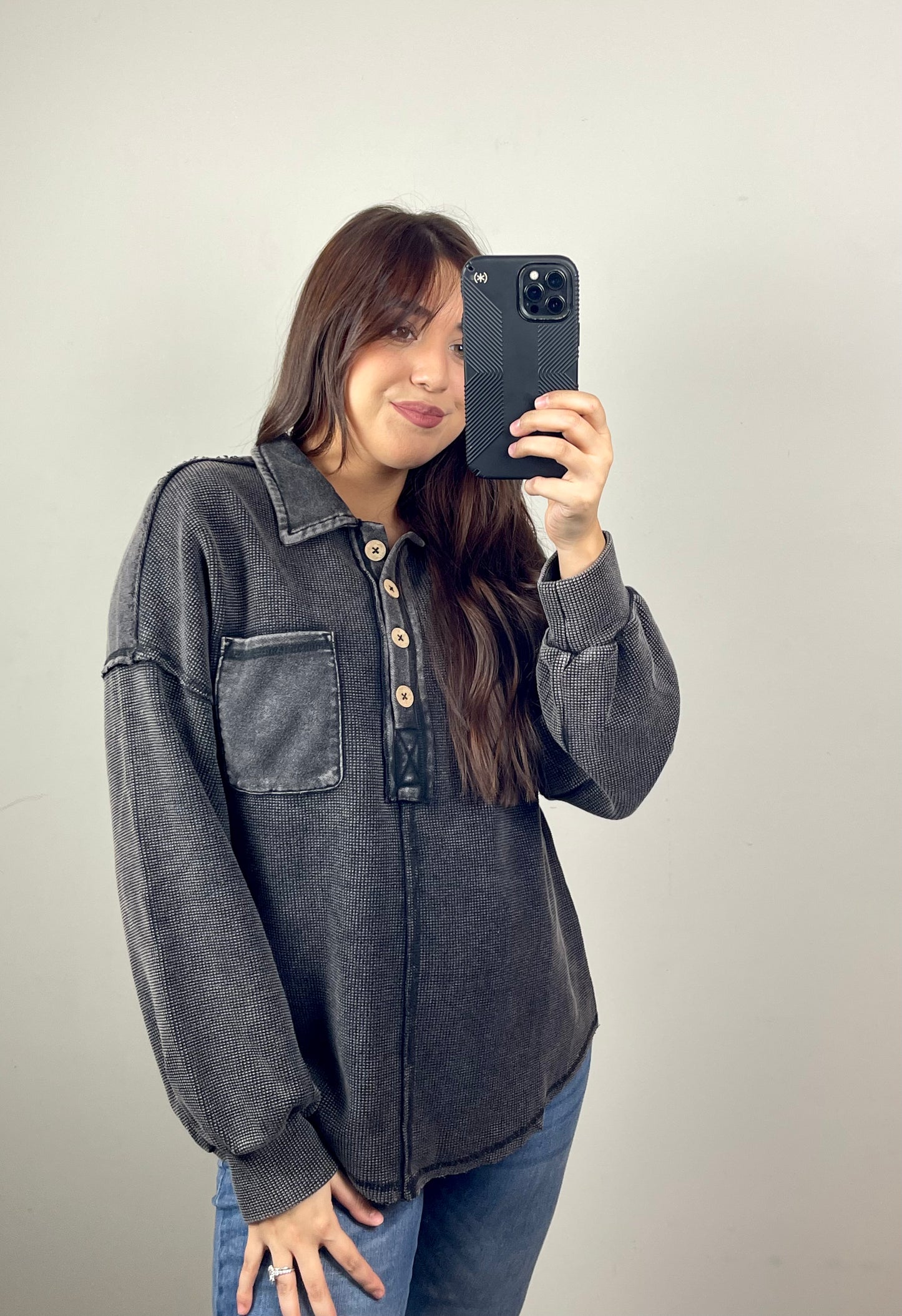 Black Button Henley Top